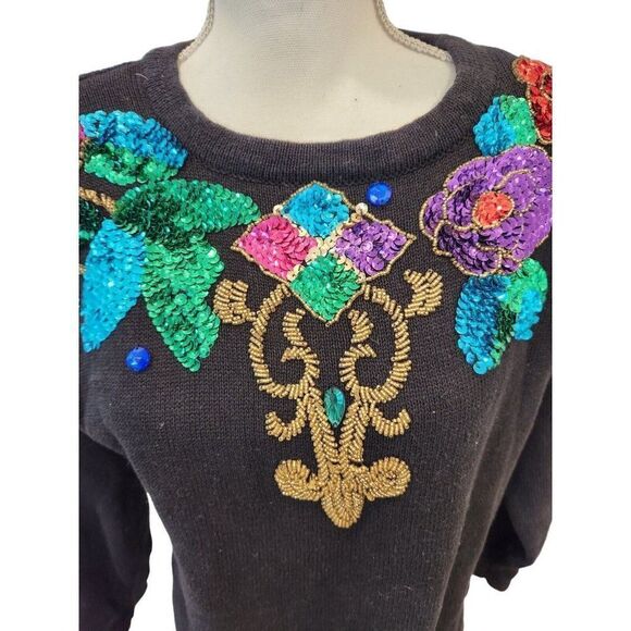 Vintage 80s SML Glitz Black Sequins Floral Pullover Sweater M Blue Red Purple - Picture 2 of 5